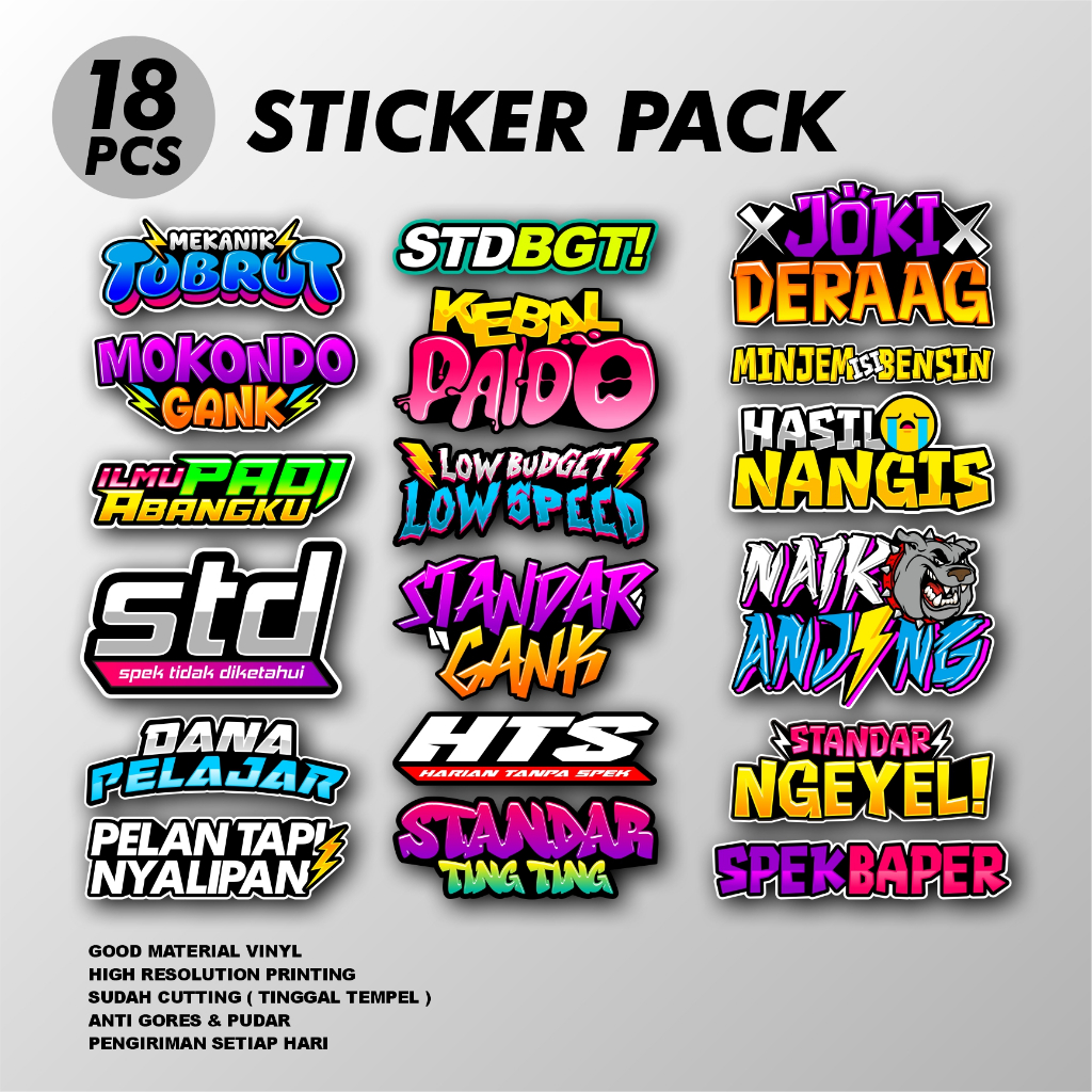 

ISI 18 PCS Stiker Vinyl Kata Kata Viral Racing Sticker Pack Mekanik TobruT Kebal Paido Standart Gank HTS Spek Baper COD