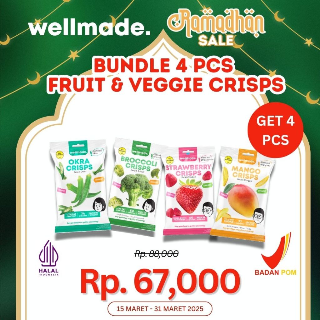 

【RAMADAN SALE】Bundle 4pcs Wellmade All Variants Freeze-Dried Fruits & Veggies - Strawberry Crisps, Mango Crisps, Broccoli Crisps, Okra Crisps