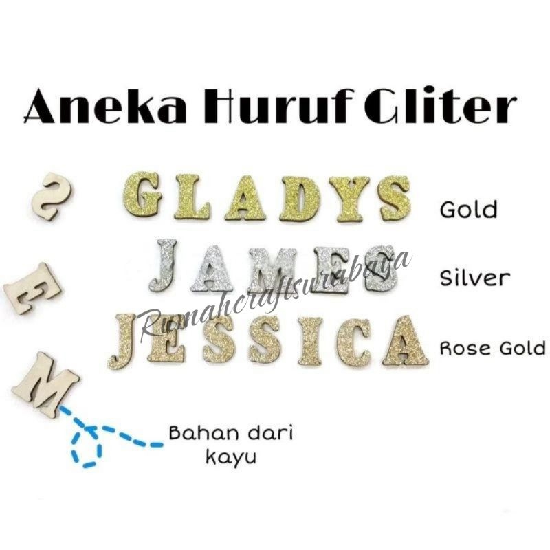1 BIJI - HURUF KAYU GLITER/ALPHABET/ABJAD TESEDIA 26 HURUF (A-Z) Bisa Pilih Huruf