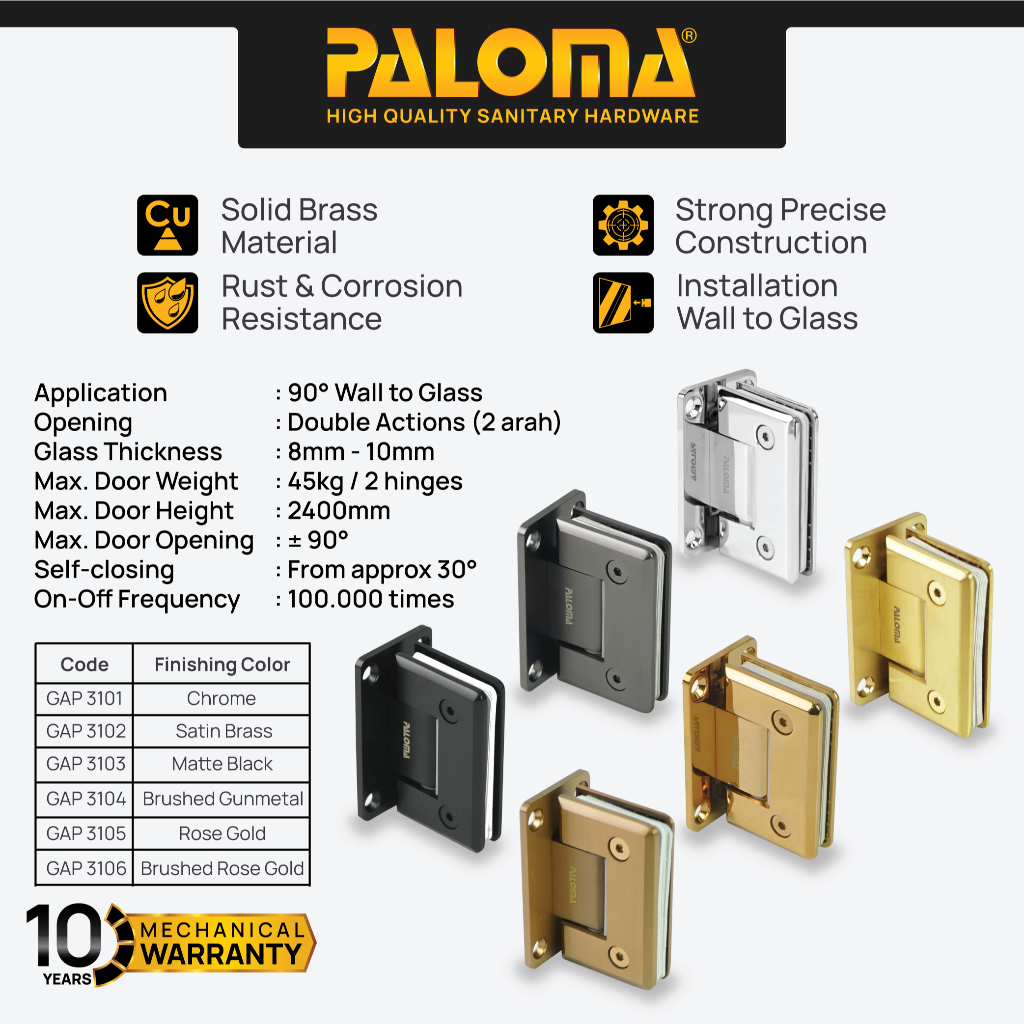 PALOMA Engsel Shower Hinge Pintu Kaca Kamar Mandi Jepit Penjepit Partisi Box Kaca ke Dinding Tembok 