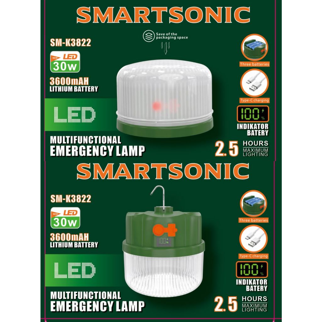 LAMPU EMERGENCY SMARTSONIC SM-K3822 PORTABLE 50WATT 3600MAH - DENGAN INDIKATOR BATERAI - CHARGER USB