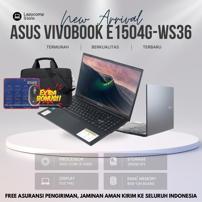 LAPTOP BARU ASUS VIVOBOOK GO E1504GA-WS36 INTEL CORE i3 RAM 8GB 256GB UFS WINDOWS 11 ORI FREE TAS