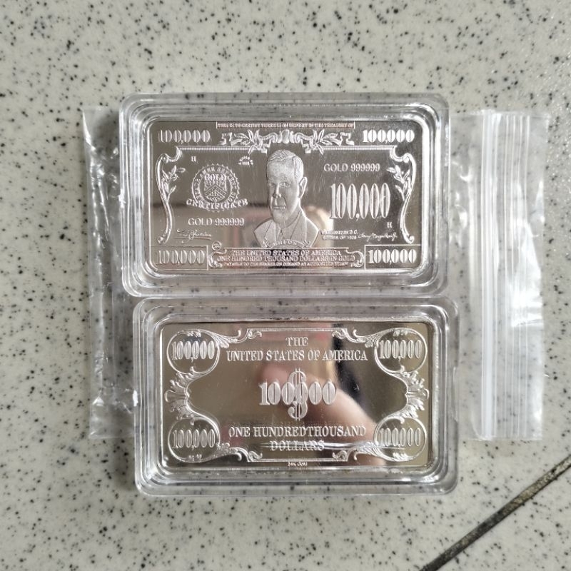 Koin Souvenir Batangan 100000 One Hundred Thousand Dollars United States of America Silver Bar + Kap
