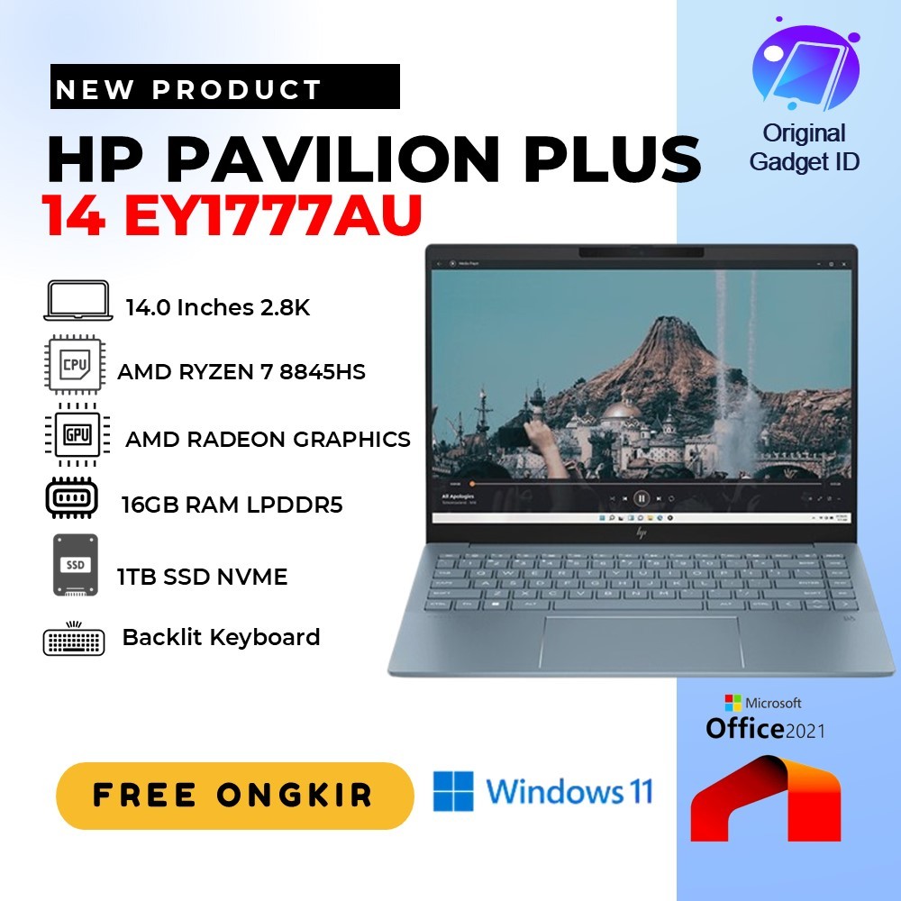 LAPTOP PAVILION PLUS 14 OLED RYZEN 7 8845HS 16GB 1TB SSD LAYAR QHD WINDOWS OHS