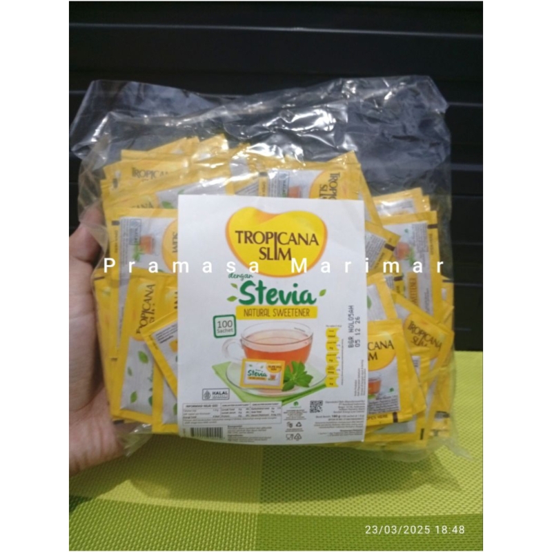 

Tropicana Slim Stevia 100 Sachet × 1,8gr (180gr) Exp2027 Natural Sweetener Pemanis Alami Batasi Gula