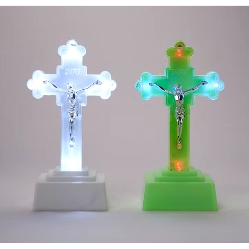 Pajangan Salib Duduk Meja Corpus Yesus18cm Lampu LED Bunga - Pajangan Salib - Pajangan Meja - Pajang