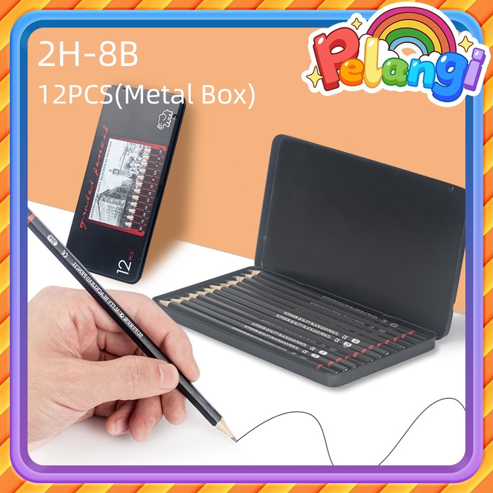 

12 pcs/kotak Pensil gambar sketsa set lengkap 2H H F B HB 2B 3B 4B 5B 6B 7B 8B Pencils Set Dng Kotak Logam