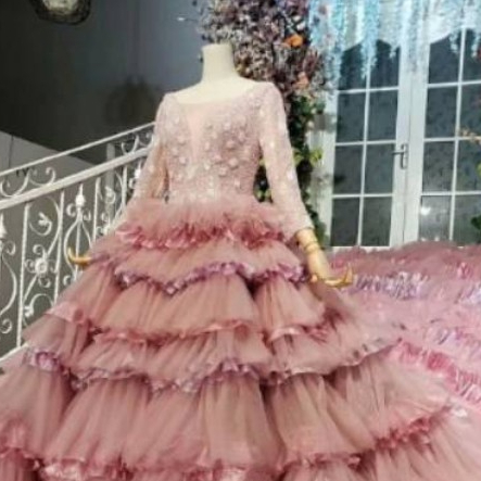 Gaun Wedding Pengantin Merah Muda Mewah Lengan Mutiara rempel mewah