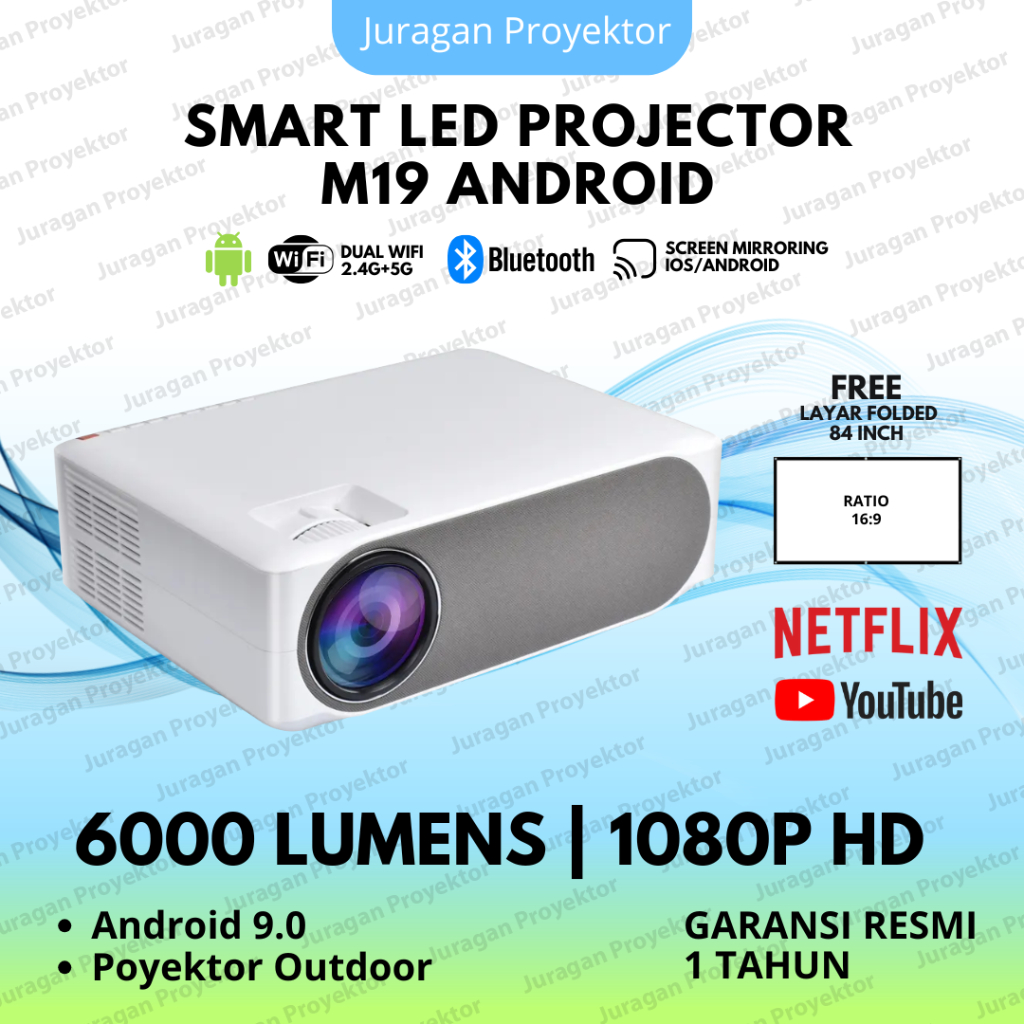 Proyektor 6000 Lumens Android 9 Wifi Bluetooth | Portable Home Theater Proyektor Full HD 1080P | AER