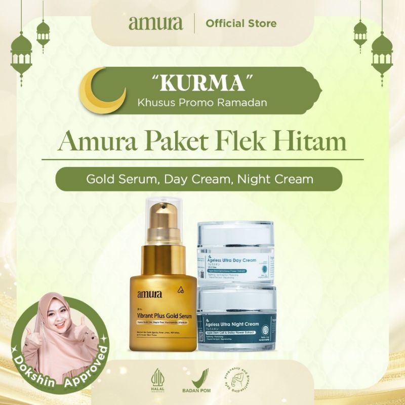 3 IN 1 AMURA PROMO PAKET SERUM AMURA GOLD FREE CREAM AMURA DAY & CREAM AMURA NIGHT PAKET FLEK HITAM 