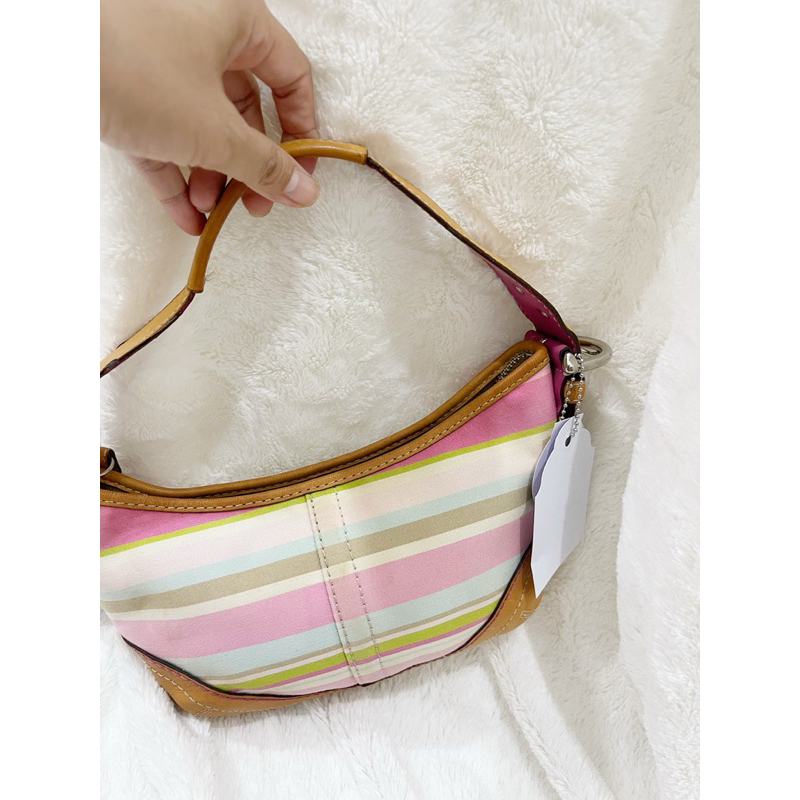 Coach Hampton stripe canvas leather tan mini hobo