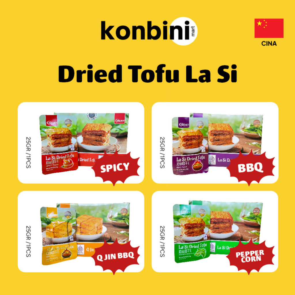 

KONBINI CHINA - La Si Dried Tofu 25gr BBQ, Jin BBQ, Spicy, dan Peppercorn Tahu Semi Kering Asin Gurih Pedas
