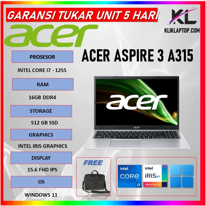 Acer Aspire 3 A315 i7 1255  Ram 16GB 512GB Windows 11 15.6 Full HD Ips