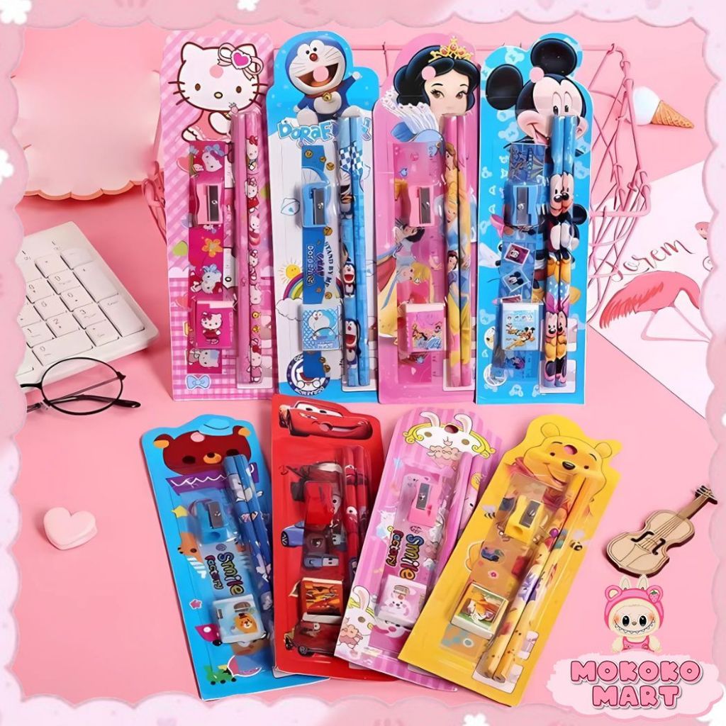 

MM 5in1 Pensil Set Alat Tulis Anak Lucu Penghapus Tempat Pensil Buku Tulis Sekolah STATIONERY LG-01
