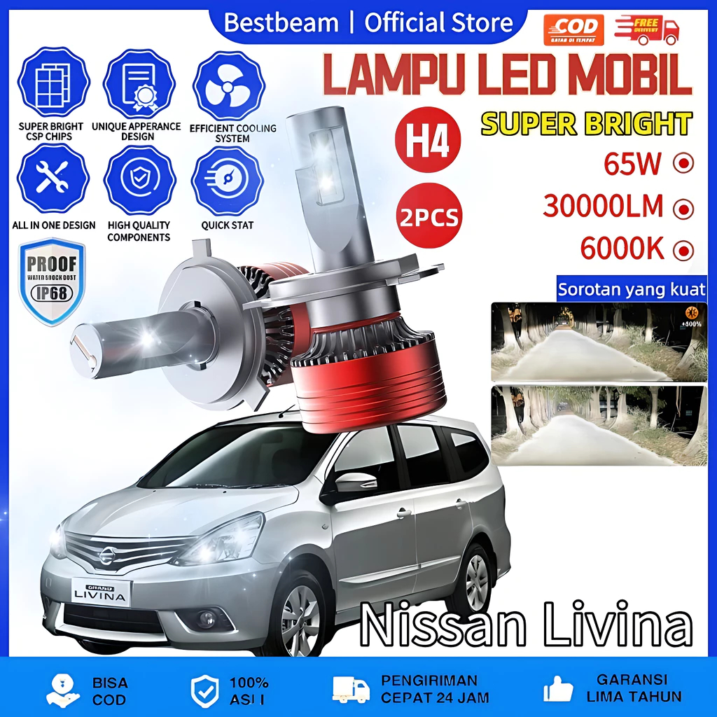 [Nissan Livina] LAMPU LED MOBIL H4 H11 H1 H7 9005 9006 9012 65 WATT 30000LM 6000K SEPASANG LA-7