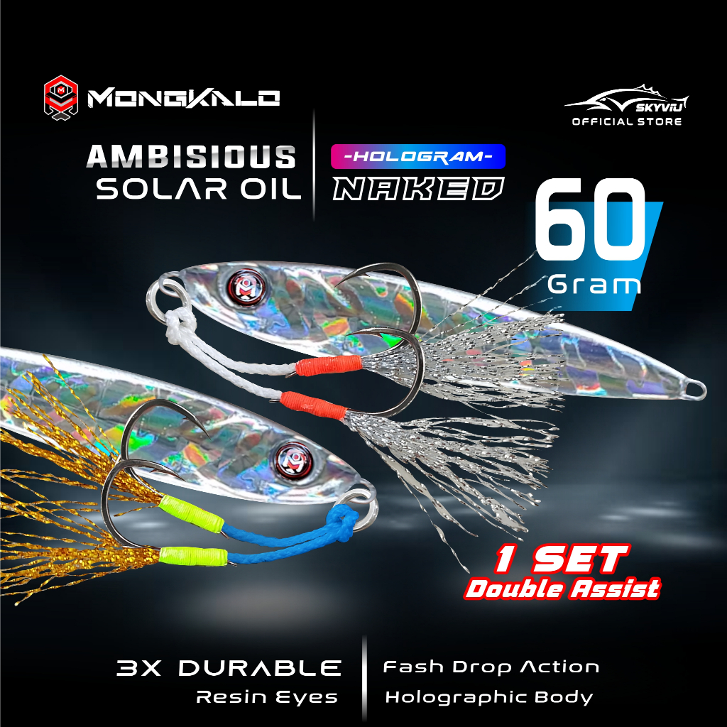 Metal Jig 60 Gram MONGKALO AMBISIOUS Naked Hologram Silver Lengkap 1 Set Double Assist Hook 60gr Ump