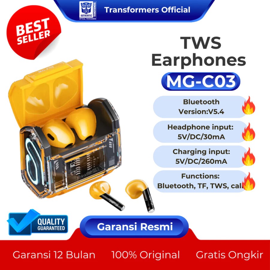 EARPHONE TRANSFORMERS MG-C03 TWS EARBUDS BLUETOOTH 5.4 - HEADSET GAMING - HEADSET WIRELESS - HEADSET