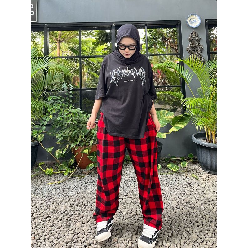 Celana tartan flanel kotak-kotak pria dan wanita gaya korean style