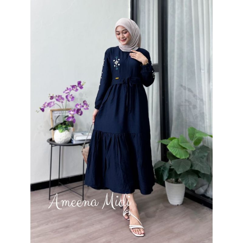 MIDI DRESS BAHAN POLO LINEN MOTIF BORDIR BUNGA