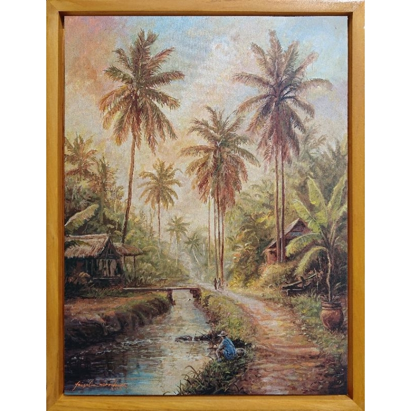 lukisan pemandangan pedesaan dan pemancing ikan