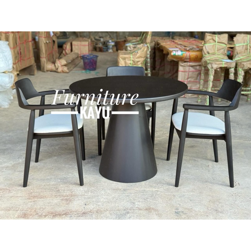 Meja makan bulat minimalis kayu jati, set meja makan 3 kursi kayu jati, meja makan minimalis