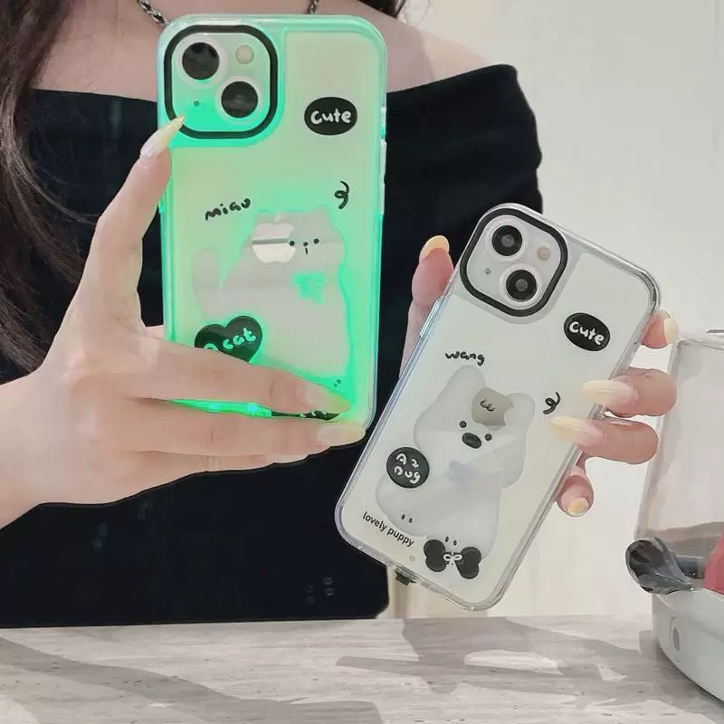LED Disco Case Iphone 11 12 13 14 14+ 15 15+ 16 16+ Pro Max Plus Casing Lampu Motif Dog Cat Kedap Ke