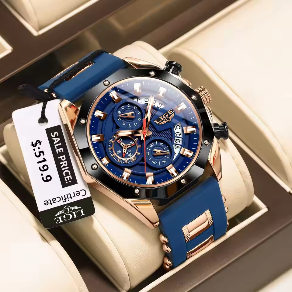 LIGE Jam Tangan Pria Terbaru tahan air bercahaya Olahraga Kronograf Jam Tangan + Kotak