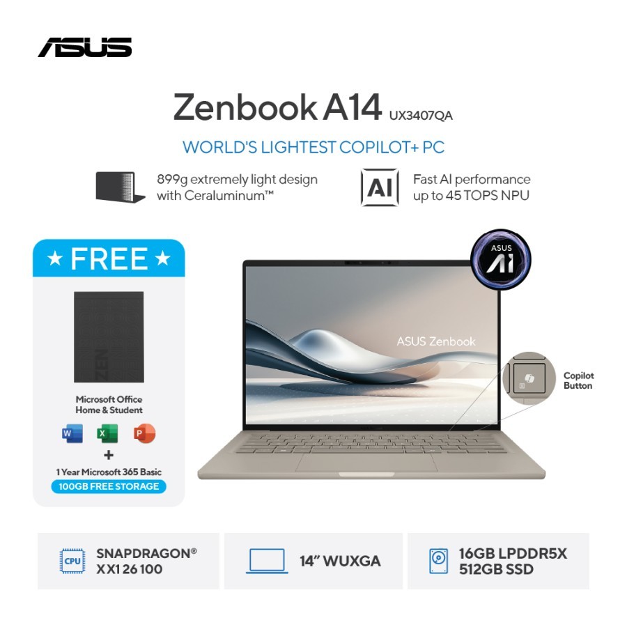 [FREE MOUSE] ASUS Zenbook A14 UX3407QA-IPSP151M - Zabriskie Beige [Snapdragon X X1 26 100 / Qualcomm