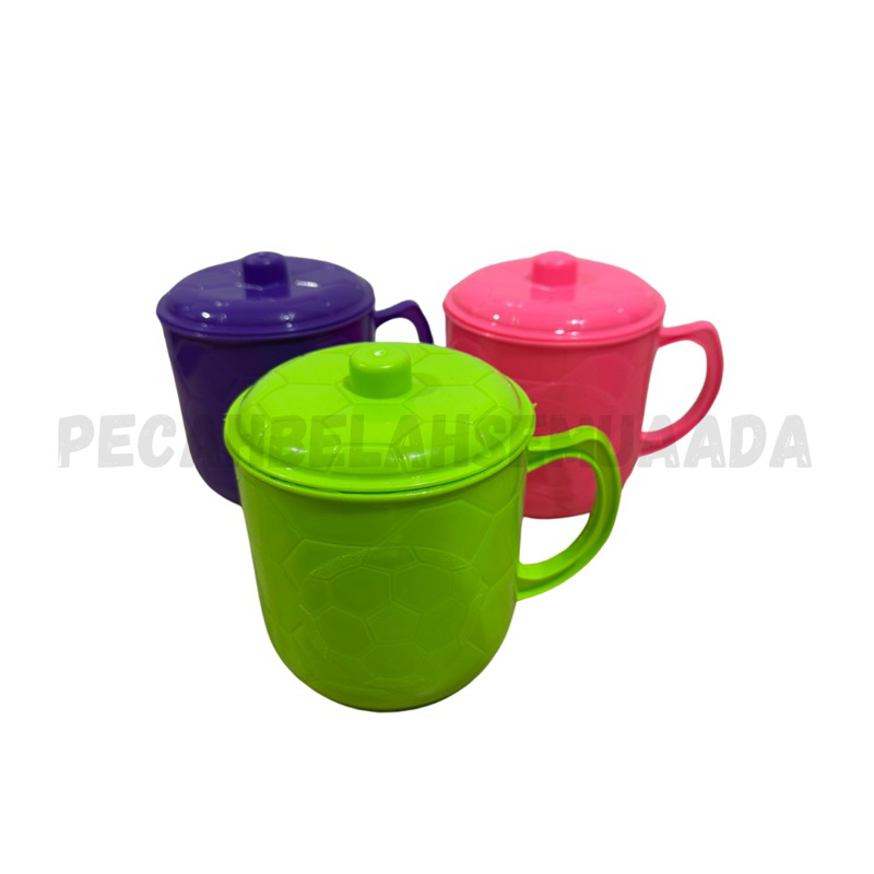 Mug Gelas Cangkir Gagang Tutup Bertutup Dengan Tutup Air Kopi Teh Plastik UNGU PINK HIJAU 1 Liter 1 