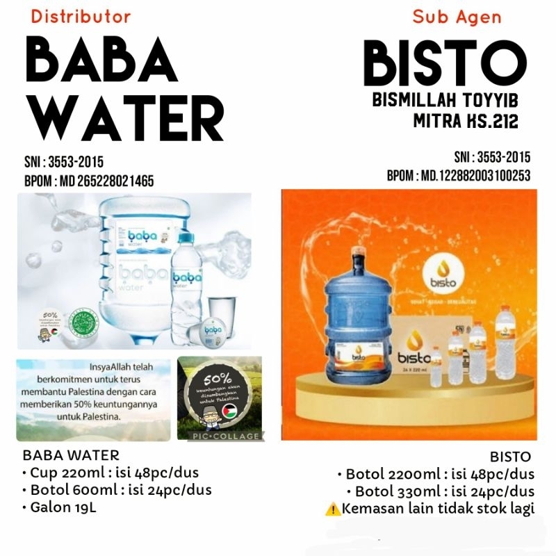 

AIR MINERAL - AIR MINI KEMASAN (DUS+GALON) : BABA WATER - BISTO