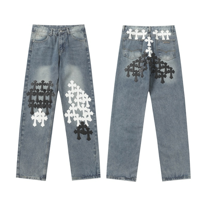 Chrome Hearts Jeans Celana Panjang Streetwear White Black Leather