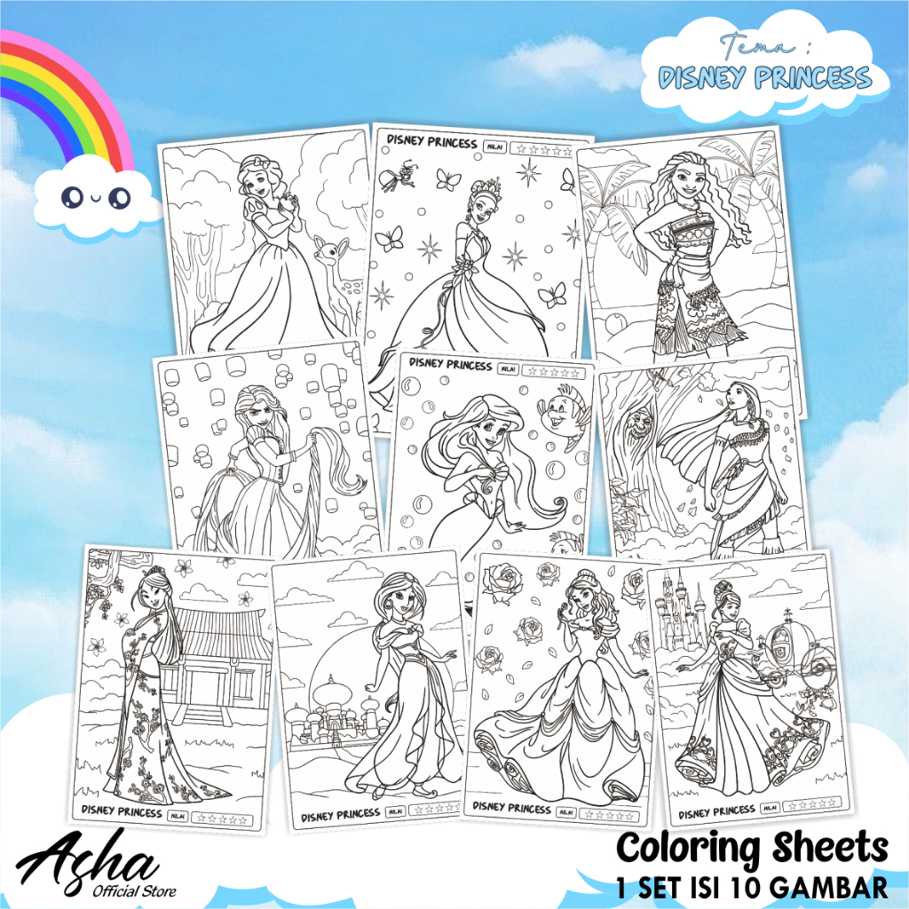 

KERTAS GAMBAR UNTUK ANAK - LEMBAR MEWARNAI ANAK 1 SET ISI 10 LEMBAR GAMBAR DISNEY PRINCESS UKURAN A5