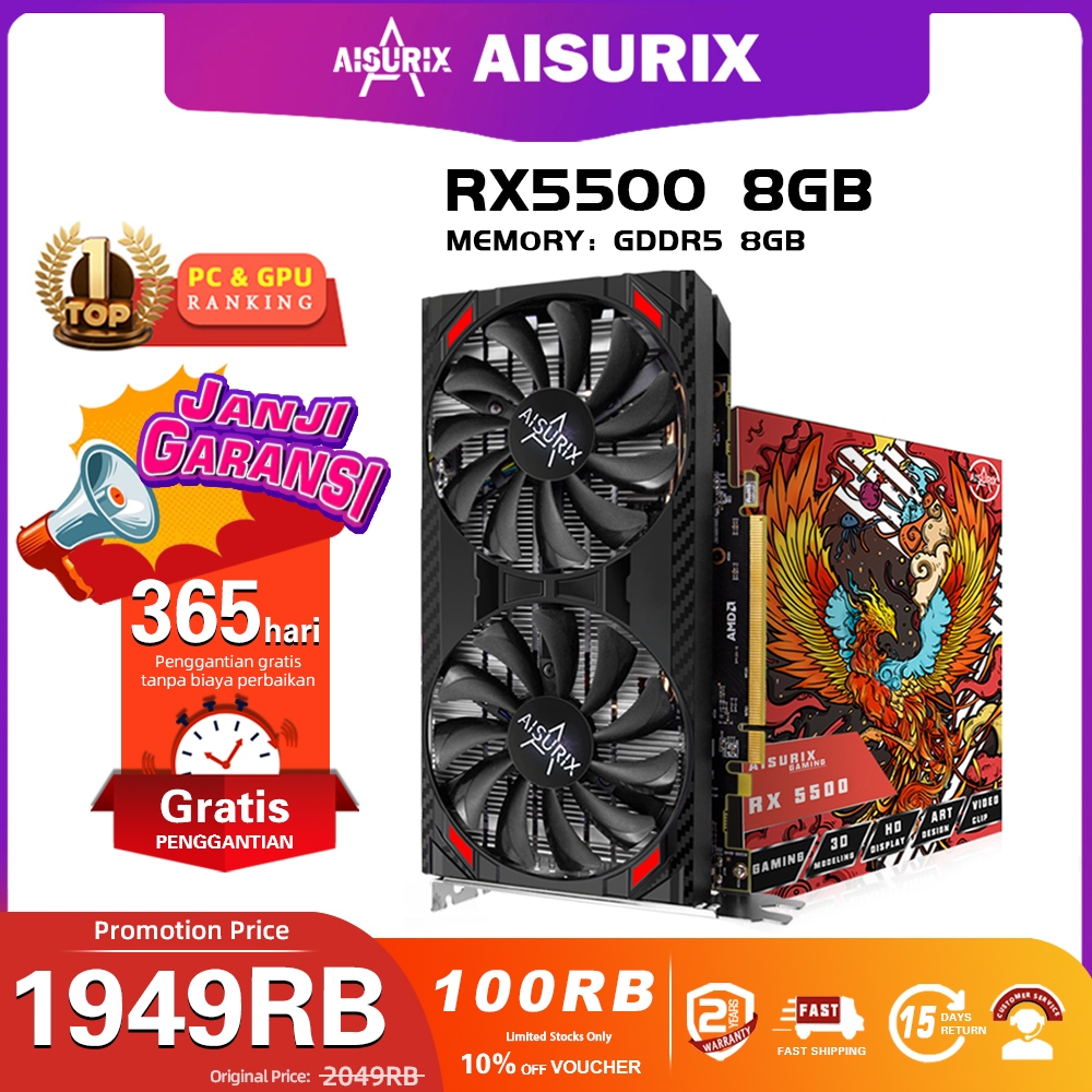 AISURIX RX 5500 8GB GDDR6 AMD VGA Card 128-bit 1408SP HDMI New PC Gaming RADEON VGA