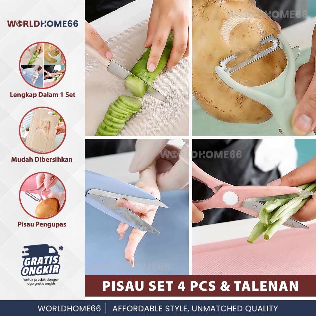 Worldhome Pisau Dapur Set Isi 5 Pcs Pisau Set 5 Pcs Pisau Viral Set Pisau Stainless Steel + Talenan