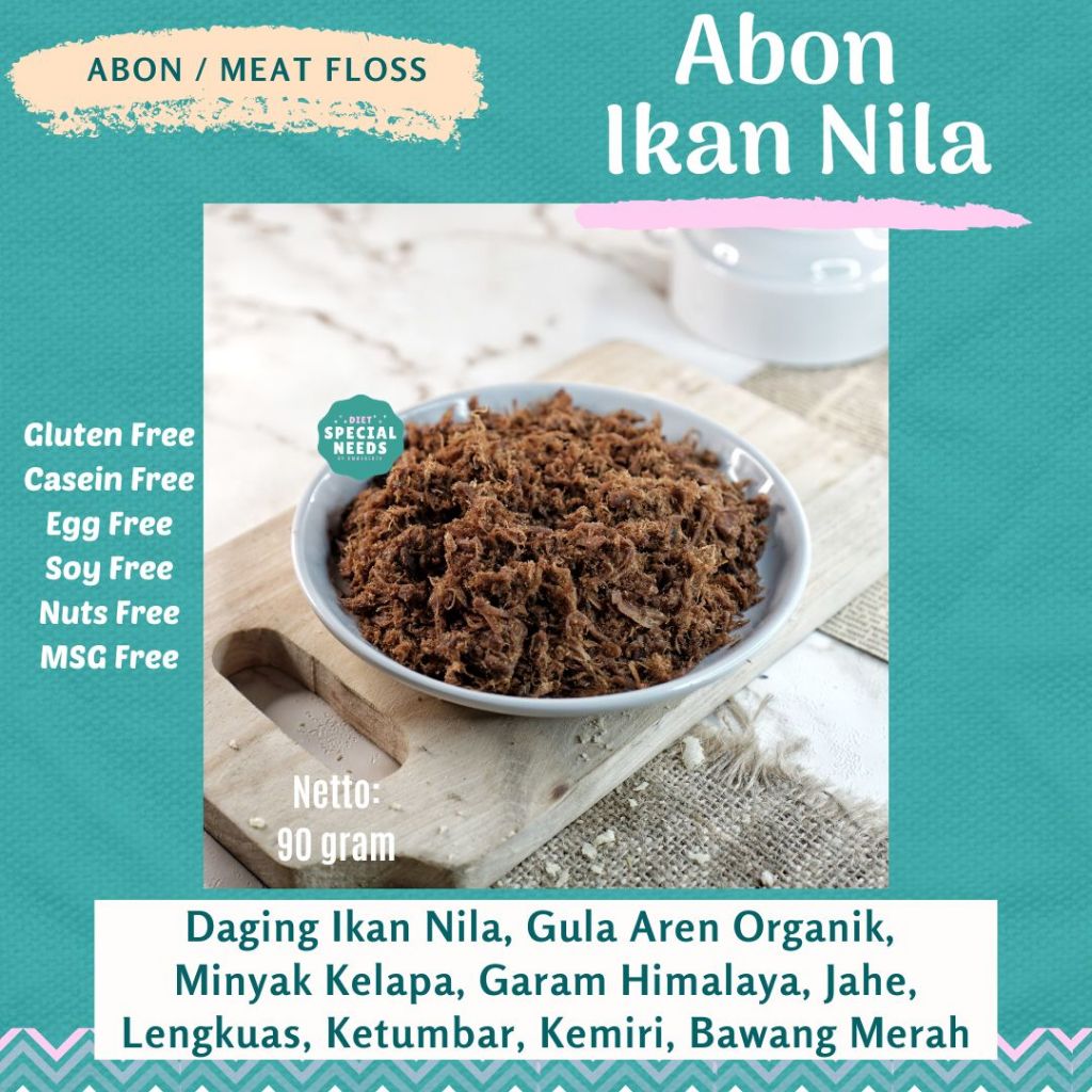 

Abon Ikan Nila Refined Sugar Free MSG Free Gluten Free Dairy Free Egg Free Soy Free - dengan Gula Aren Organik dan minyak kelapa - Diet Special Needs