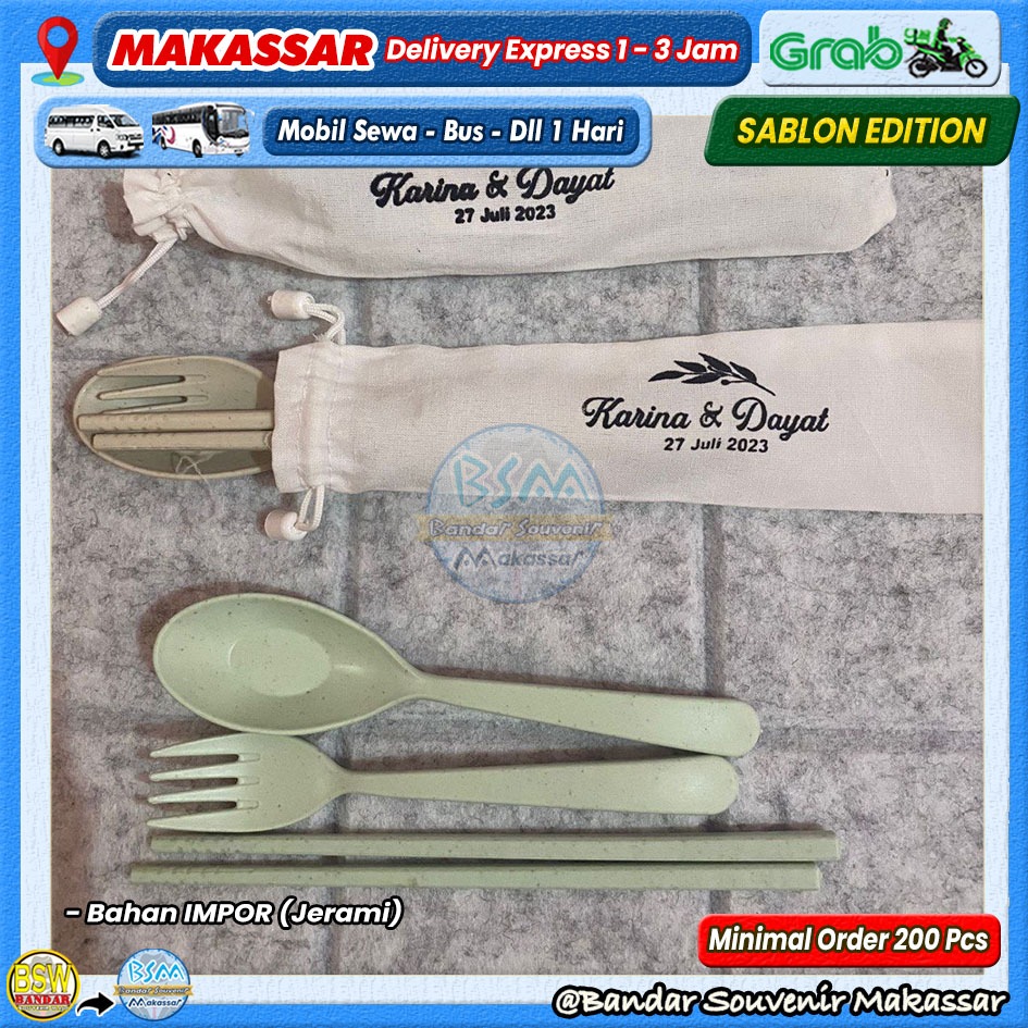 (min.order 200 pcs) SABLON Souvenir Sendok Garpu Sumpit Set IMPOR JERAMI Kemas POUCH BLACU Makassar