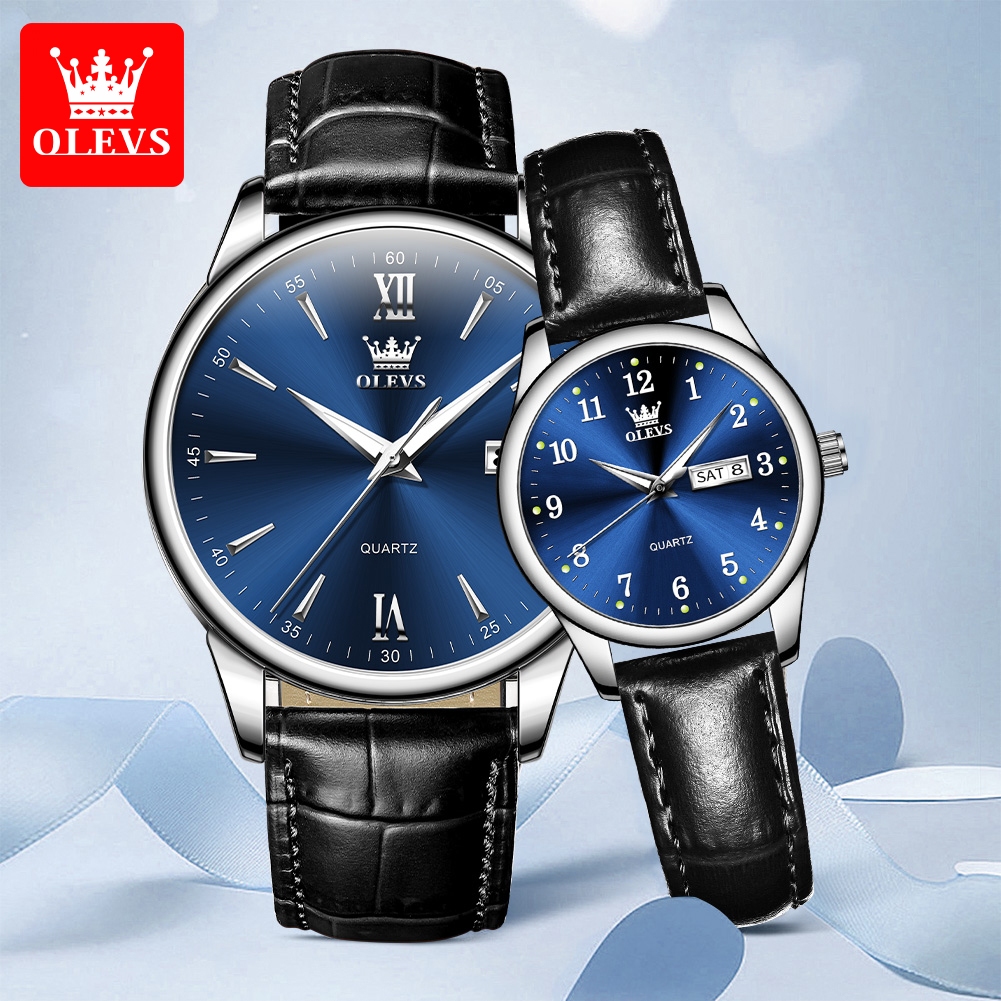 OLEVS Jam Tangan Couple Pasangan Kulit Jam Tangan Original Anti Air Cowok Kalender Quartz Analog