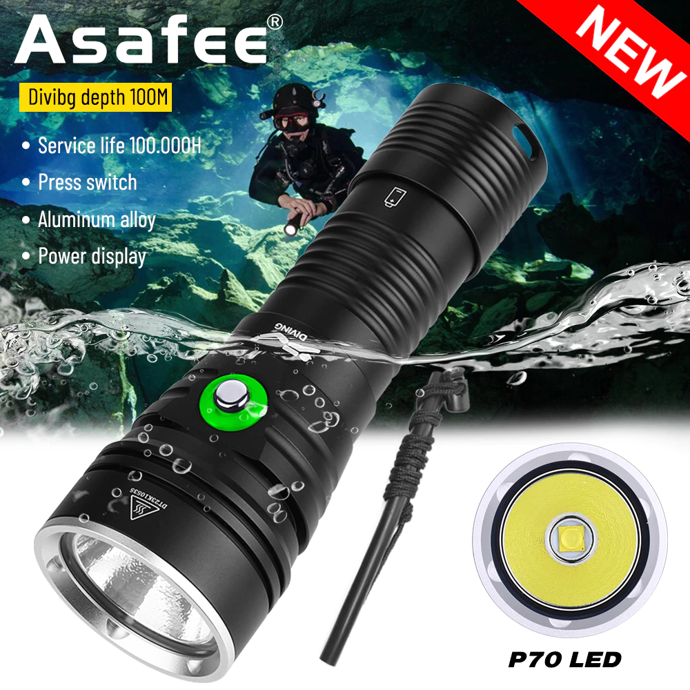 Super Bright Scuba Diving Flashlight DA15 P70 LED Asafee Underwater Floating Flashlight 5 light mode