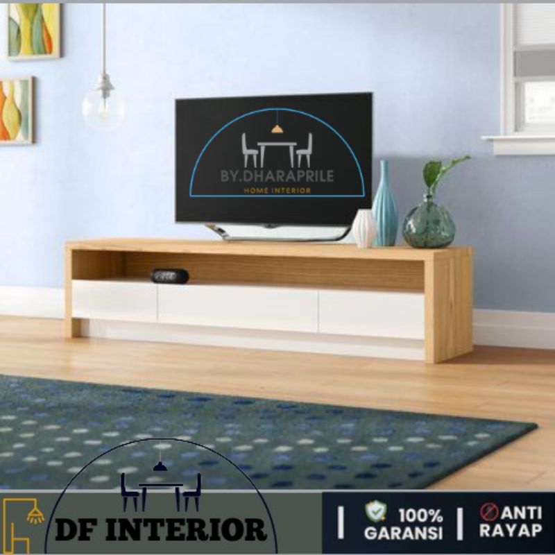 Meja tv panjang modern keren/meja tv minimalis serat kayu 3 laci
