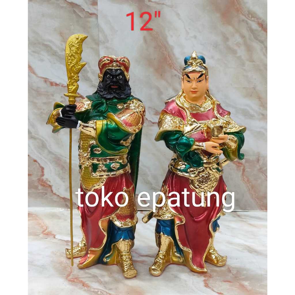 patung dewa pengawal kwan kung / kwan kong / guan yu / tiu cong / kwan ping - fiber - 12 inch - hija