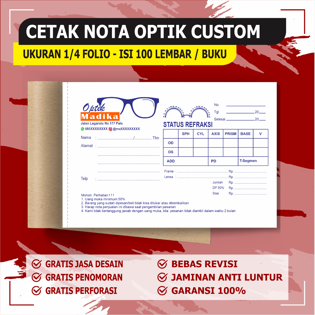 

nota optik custom ukuran 1/4 folio