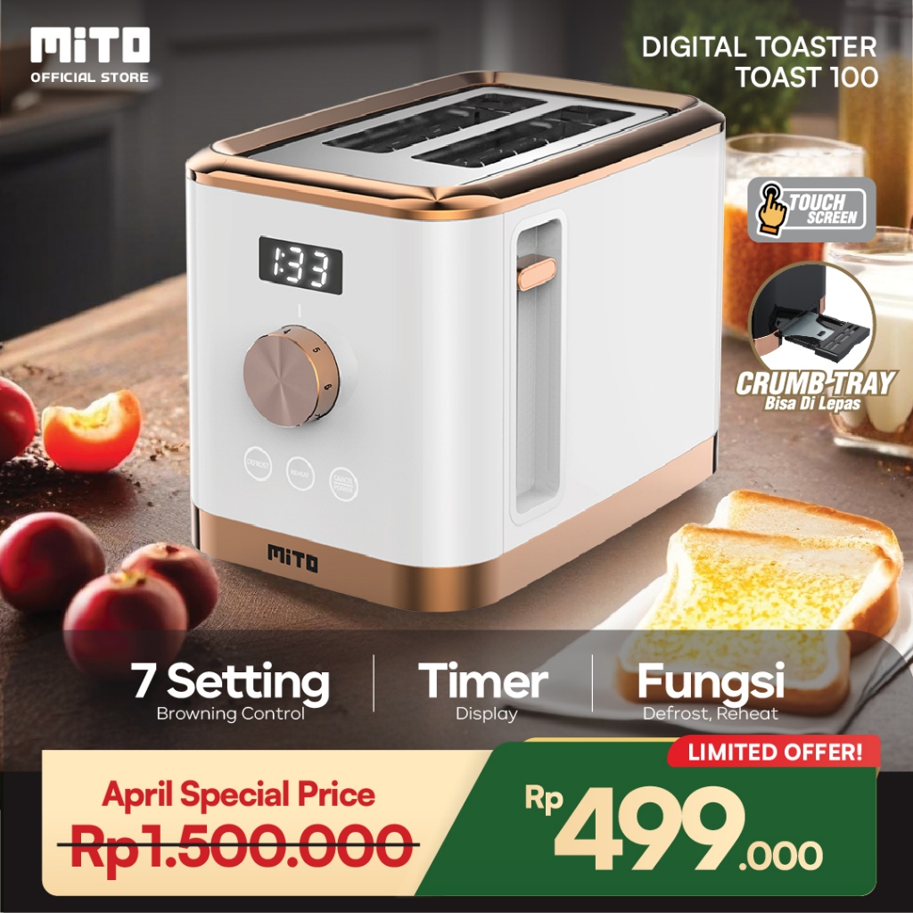 MITO Toast100 - Digital Toaster (DIGITOAST)-Touchscreen-Timer Display-7 Setting Browning Control-Reh