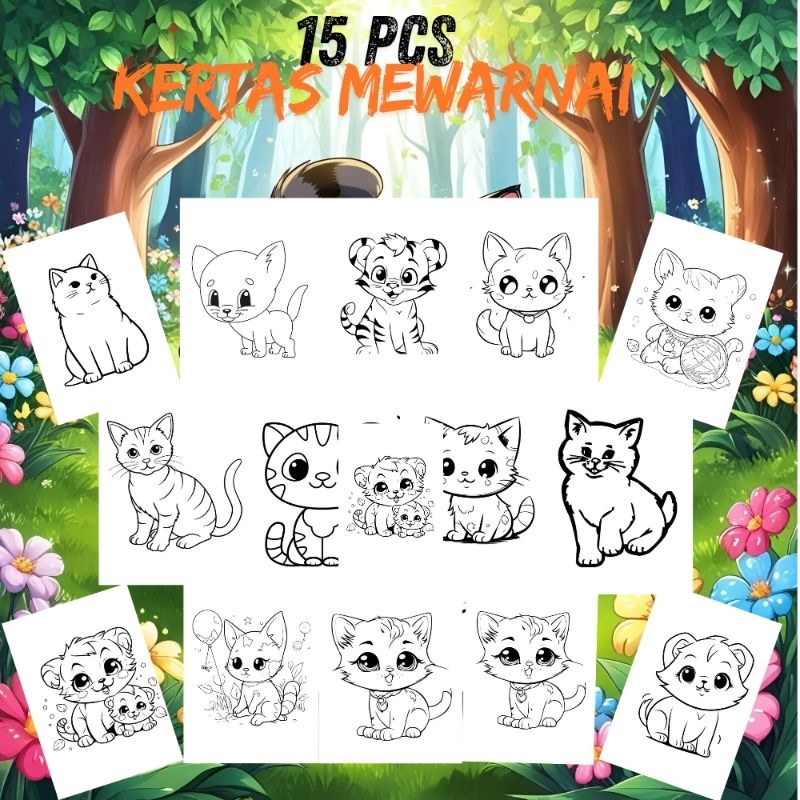 

15 pcs Kertas mewarnai gambar kucing kertas A4,cocok untuk latihan mengambar anak TK