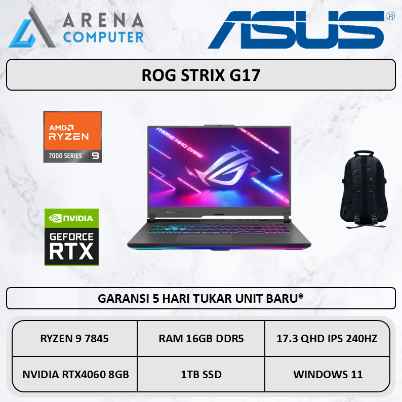Asus ROG Strix G17 G713PV Ryzen 9 7845 RTX4060 16GB 1TB W11 17.3 QHD IPS 240Hz