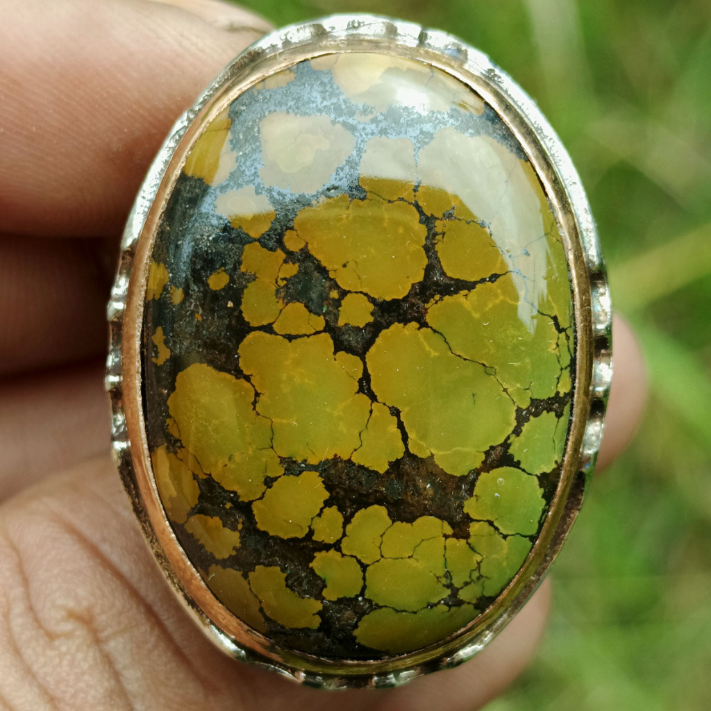 Batu Natural Pirus Hubei Super Jumbo Kuning Kehijauan Urat Matrik Ceplok Keren Bodyglass Dim-33