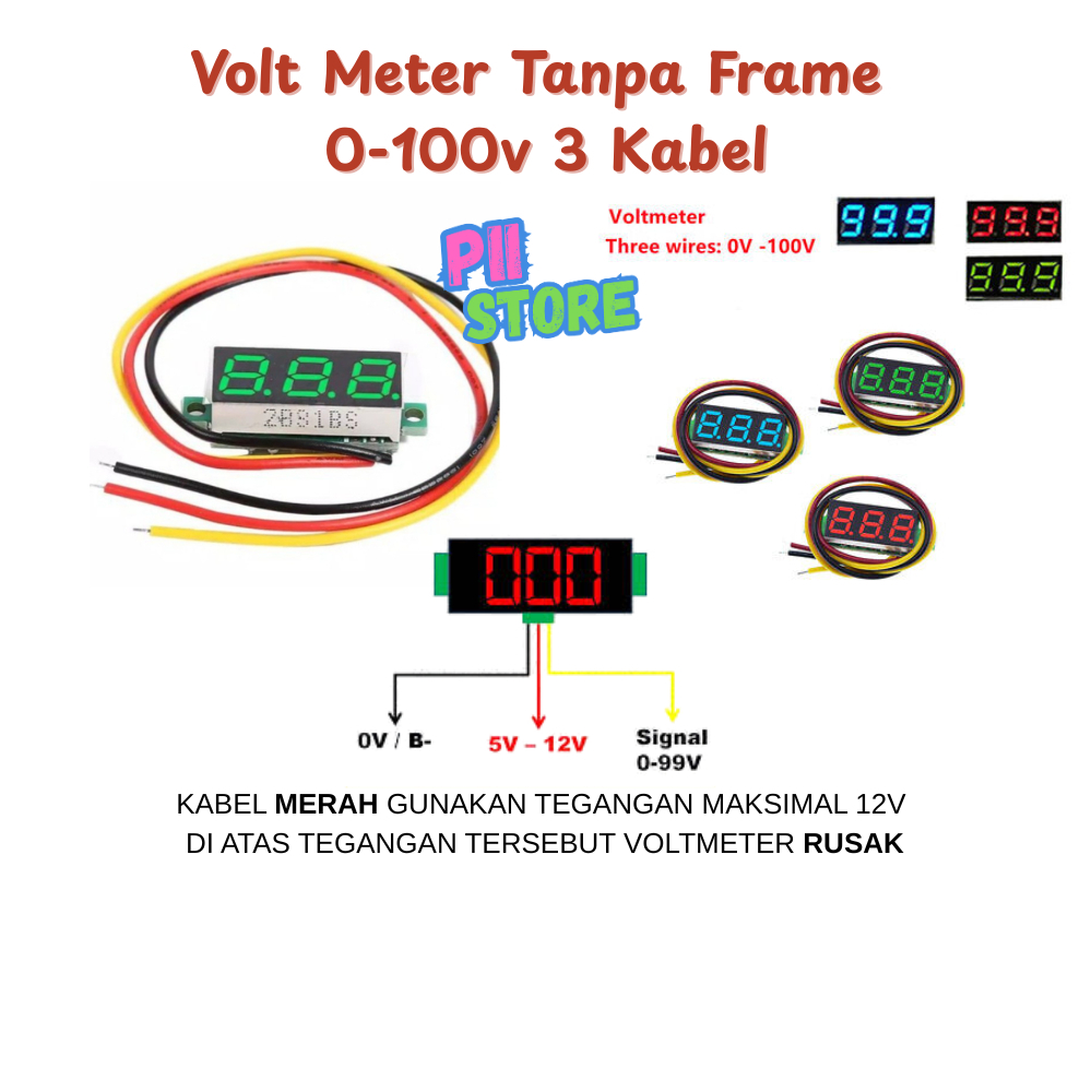 DC VOLTMETER 0.36" 0-100V 3 KABEL DIGITAL VOLT METER 0,36" 0-100 / Volt Meter Digital