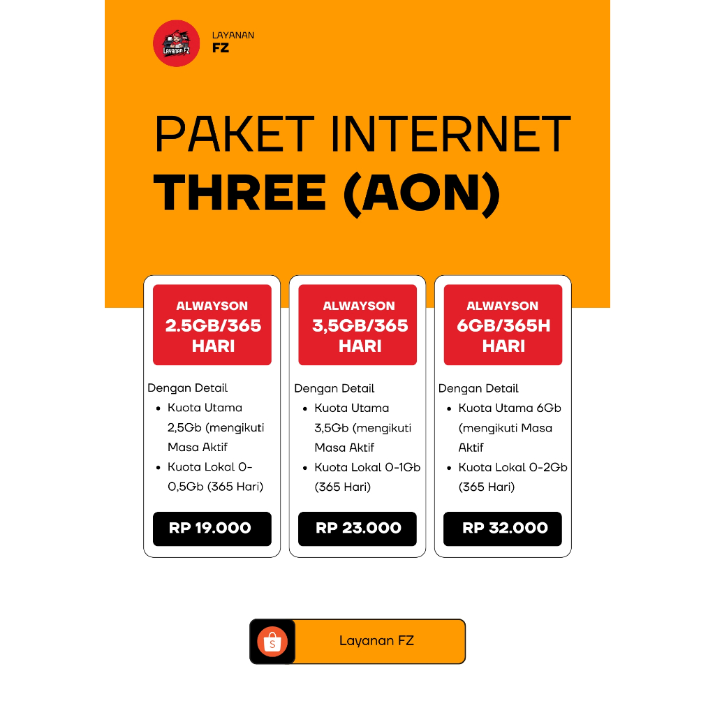 Paket Kuota Three AlwaysOn AON 2.5GB, 3.5GB, 6GB – Masa Aktif Selamanya - Cantumkan No HP di Catatan