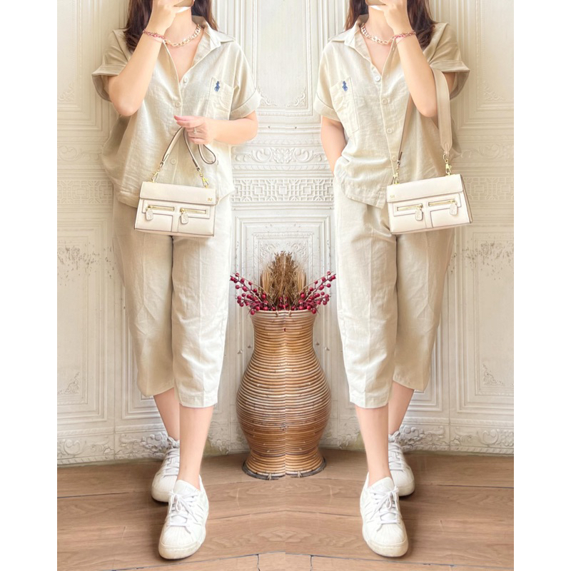 Amari one set linen celana 7/8 kemeja polo one set kekinian one set celana 7/8 one set wanita kekini