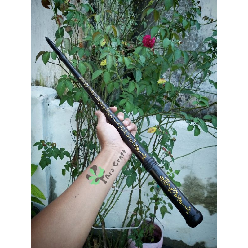 Tongkat Komando Kayu Galih Kelor Hitam Ukir Kaligrafi