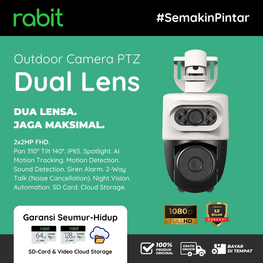 RABIT SMART IP CCTV WIFI CAMERA OUTDOOR 2 MP DUAL LENS PTZ WIDE ANGLE - 1 CCTV TANPA CARD